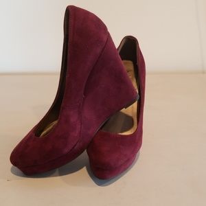 Maroon faux suede wedges